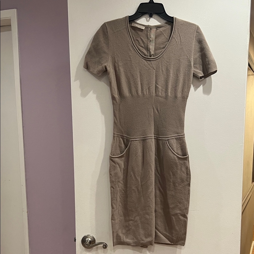 Stefanel Taupe Knit Short-Sleeve Mini Dress